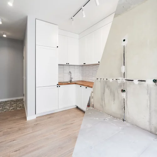 Antes y después de la reforma integral de una cocina en Sevilla, realizada por Reformas C&P, mostrando diseño funcional y acabados modernos.